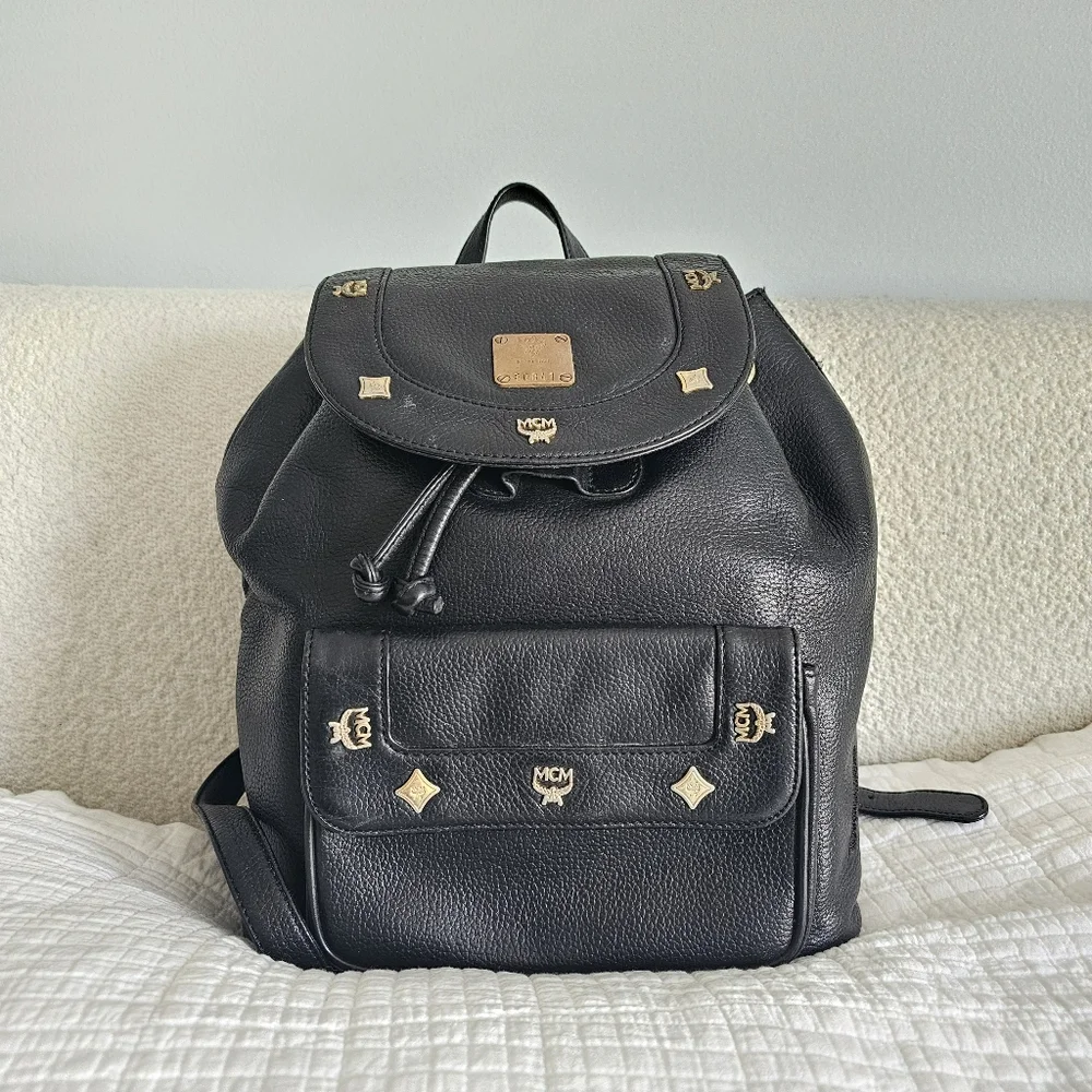 MCM Black Pebbled Calf Leather Logo Backpack